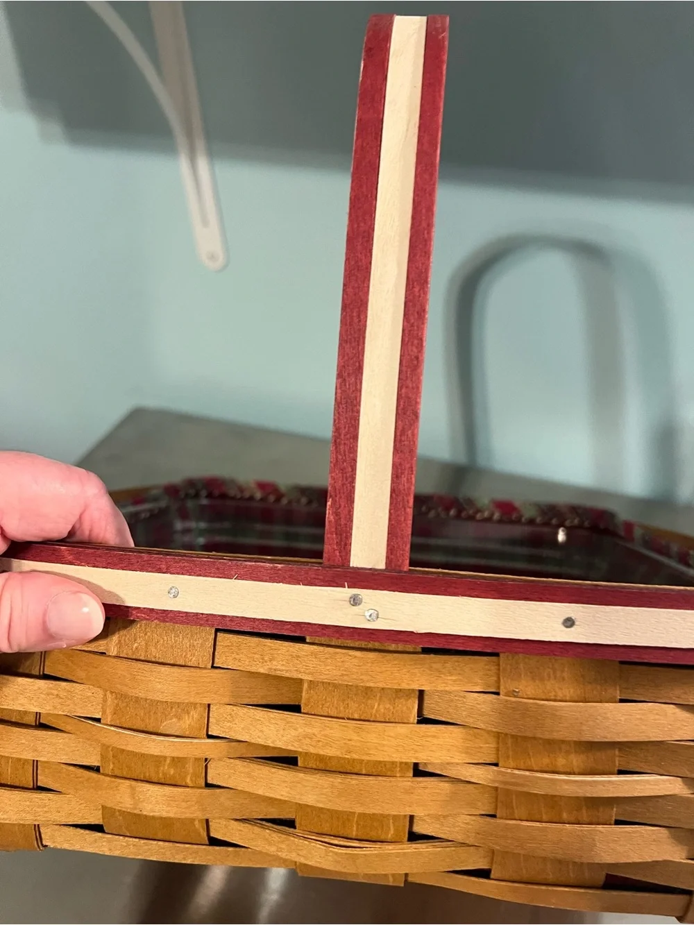 Longaberger Red Plaid Square Woven Basket with Wooden Handle